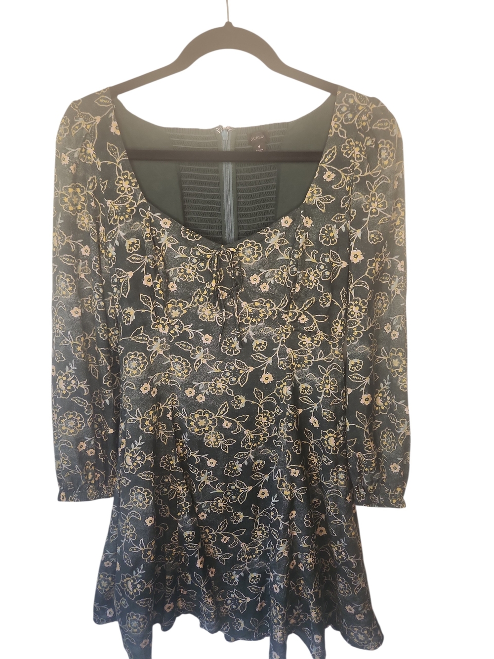 J. Crew In Vintage Vines Green Floral Print Babydoll-Sweetheart Dress Size 4
